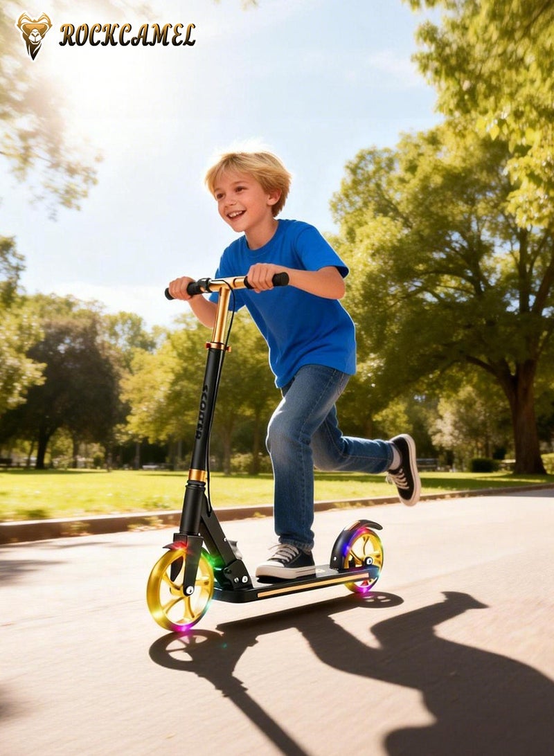 ROCKCAMEL 2-Wheel Kick Scooter with Handlebar & Rear Foot Brake, Foldable Lightweight Scooter with LED Lighted Wheels and 3-Level Adjustable Height Handlebars, Push Scooter for kids 5-18 Years, Black - Image 2